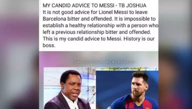 TB Joshua Advises Lionel Messi Not To Leave Barca Bitter And Offended, Says The Player Will Have An Unhealth