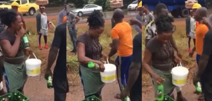 Ghanaian Woman Storms Accident Scene With Bucket to Fetch Beer