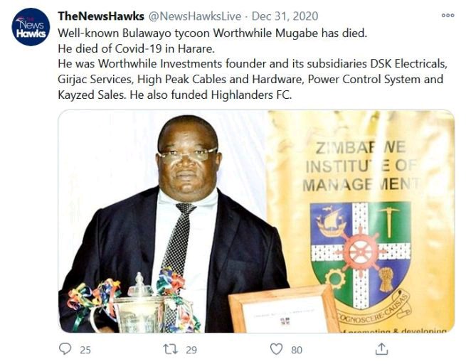 Well-known Bulawayo tycoon Worthwhile Mugabe has died.